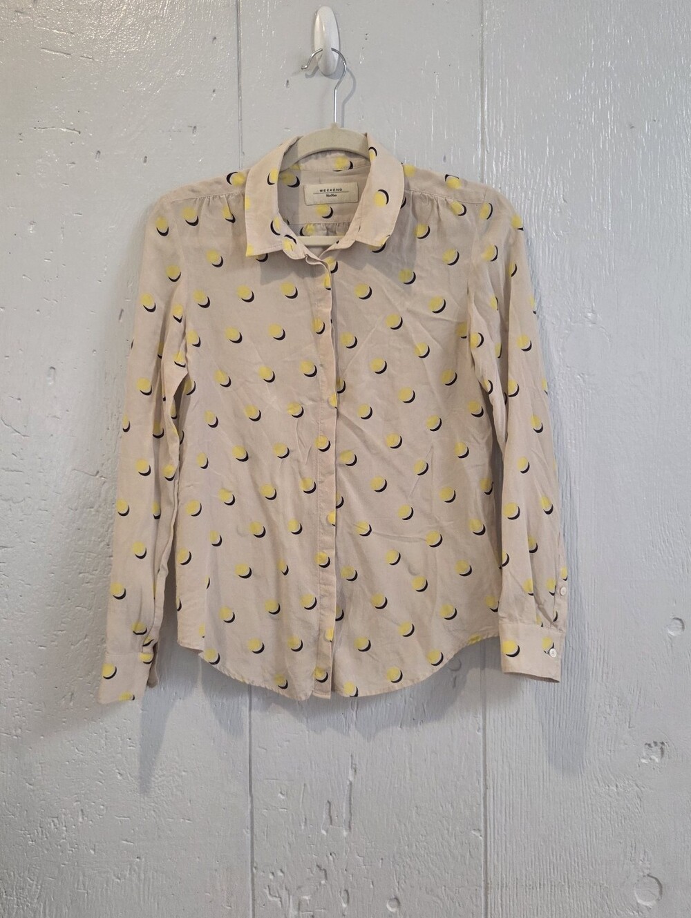 Weekend Max Mara Silk Cream Button-Down Shirt with Yellow Crescent Moon Print